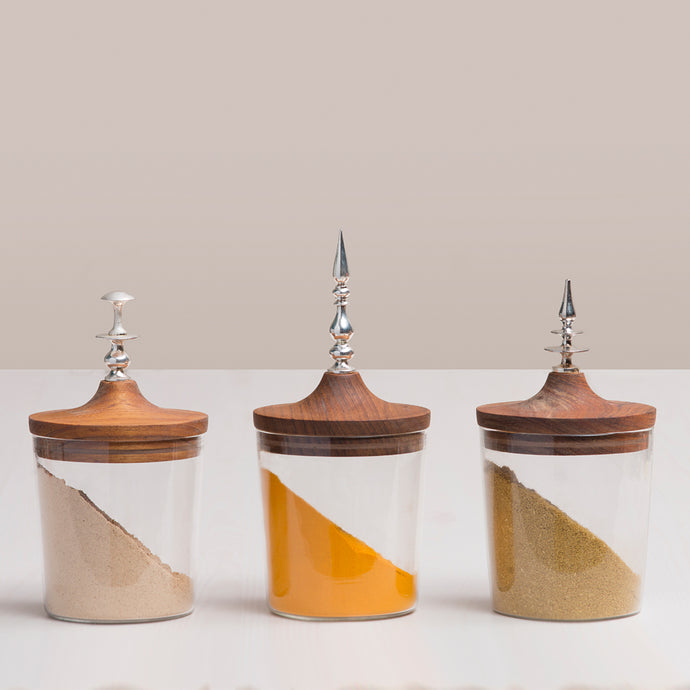 Home Objects , Display , Table top, Shah, Noor & Jahan jars, handcrafted in silver plated brass, recycled teak, borosilicate glass, container, wooden lid